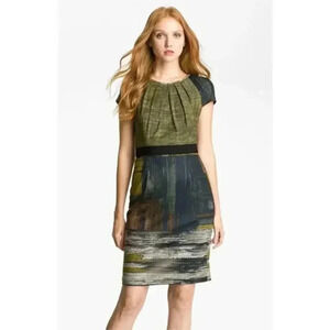 Maggy London Petites Abstract Print Pleated Neck Sheath‎ Dress Size 8 Petite